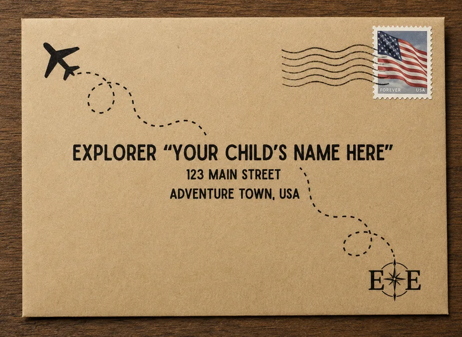 A kraft envelope addressed to Explorer, with a flag stamp, postmark and a dashed flight path printed across it