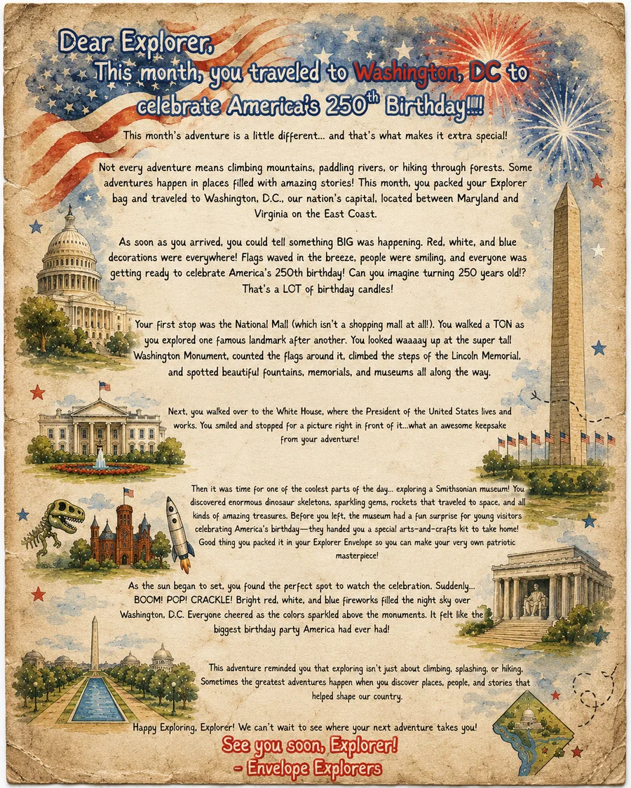 A printed adventure letter from this month's destination