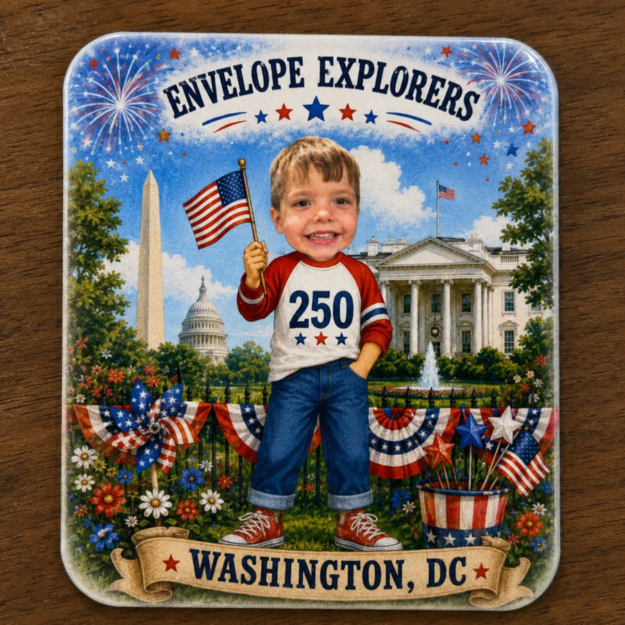 Close-up of the keepsake magnet with a child's face composited into a Washington DC scene